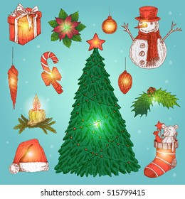 Set of isolated hand drawn glowing christmas decorations on blue background with snow vector illustration    