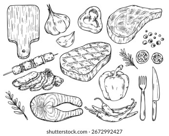 set of isolated hand drawn grilled meat steak and BBQ cooking food illustration 