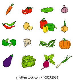 Set of isolated hand drawn icons fresh vegetables in cartoon style.Healthy food sketches for recipe book or vegetarian menu. Carrot, tomato, onion, cucumber and potato, garlic and eggplant.Vector