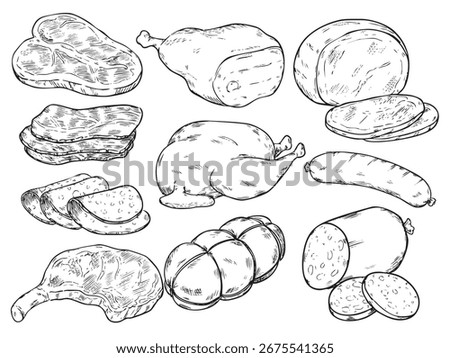 Set of isolated hand drawn meat products outline drawing illustration