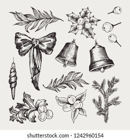 Set of isolated hand drawn monochrome christmas elements with bow, ribbons, conifers, spruce, bell, mistletoe, Christmas toys, berries, eucalyptus, winter ball vector illustration