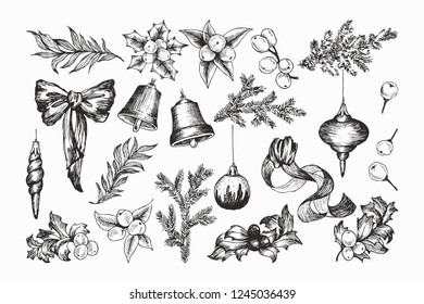 Set of isolated hand drawn monochrome christmas elements with bow, ribbons, conifers, spruce, bell, mistletoe, Christmas toys, berries, eucalyptus, winter ball vector illustration