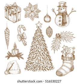 Set of isolated hand drawn monochrome christmas elements with year tree snowman gift box baubles vector illustration