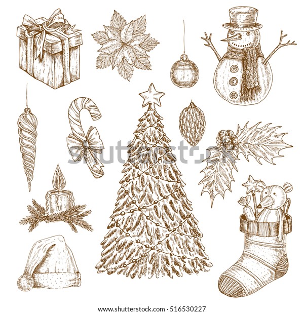 Set Isolated Hand Drawn Monochrome Christmas Stock Vector (Royalty Free ...