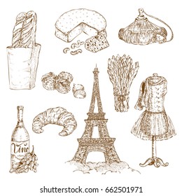 Set of isolated hand drawn paris elements with french food snacks clothes tree and eiffel tower vector illustration