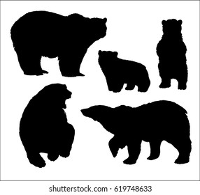 set of isolated hand drawn polar bear silhouettes