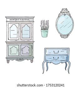 Set of isolated hand drawn retro antique pieces of furniture in pastel colors. Hand drawn vector illustration.Vintage style.