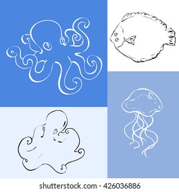 Set of isolated hand drawn sea creatures on flat blue background. Jellyfish, fish, octopus, flounder. Vector elements.