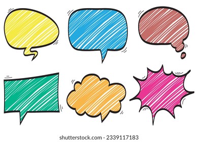 Set of isolated hand drawn speech bubbles. colored doodles, Doodle set elements. Vector illustration.