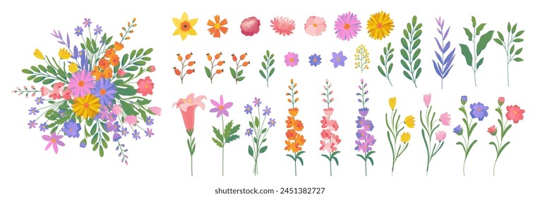 Set isolated hand drawn spring or summer multicolored flowers, leaves and berries. Flat vector herbal illustration for create designs of cards, posters, invitations, patterns, advertising, cover.