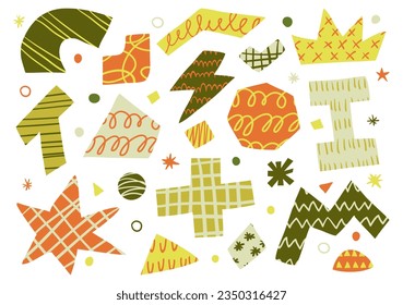 Set of isolated hand drawn various colorful geometric shapes and doodle objects with textures. Abstract contemporary modern trendy vector illustration.