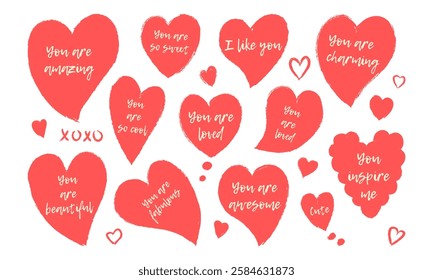 Set isolated hand drawn various red hearts with love confession quotes. Crafted with grunge crayon texture and handwritten typography. Ideal for stickers, decor of social media post for Valentines day