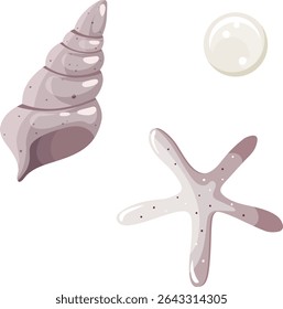 Set of isolated hand drawn vector marine elements. Sea creatures in flat cartoon stylisation. Seashell, pearl and starfish collection. Summer icons