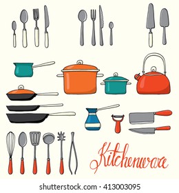 Set of isolated hand drawn vector kitchenware