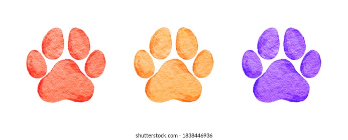 Set of isolated hand drawn water colour animal footprints. silhouette of a paw print. Vector Illustration.