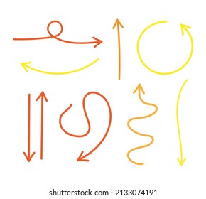 Set of isolated hand drawn yellow, orange arrows. Doodle arrows, pointers. Vector illustration.