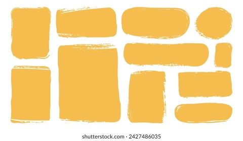 Set isolated hand drawn yellow doodle grunge textured textboxes. Collection various empty frames. Different geometric shapes of speech bubbles. Minimalist quote posters. Flat vector illustration