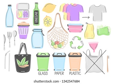 Set of isolated hand drawn zero waste objects. Eco lifestyle. Save planet. Care of nature. Vegan. No plastic. Go green. Refuse, reduce, reuse, recycle, rot. Unique design. Vector illustration, eps10
