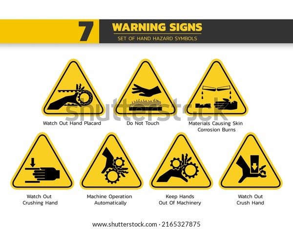 set of isolated  hand\
hazardous symbols on yellow round triangle board warning sign for\
pictograms, icon, label, logo or package industry etc. flat style\
vector design.