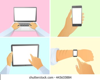 Set of isolated hand holding smart modern gadgets with white screen. Laptop, phone, tablet pc, smart watch. cartoon vector illustration. modern flat design.