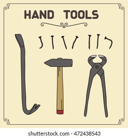 Set of isolated hand tools: crowbar, hammer, pliers, nails. 