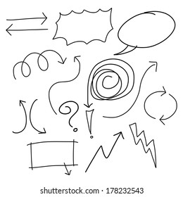 Set of isolated hand-drawn arrow signs and lines