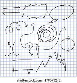 Set of isolated hand-drawn arrow signs and lines on graph paper