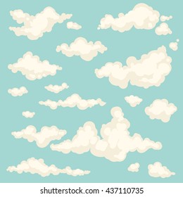 Set of isolated hand-drawn different clouds in the sky on blue background, cloudy magic heaven wallpaper. Collection of vector cloud icons and shapes. 