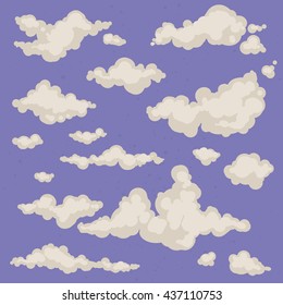 Set of isolated hand-drawn different clouds in the sky on violet background, cloudy magic heaven wallpaper. Collection of vector cloud icons and shapes. 