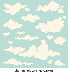 Set of isolated hand-drawn different clouds in the sky on blue background, cloudy magic heaven wallpaper. Collection of vector cloud icons and shapes. 