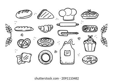 A set of isolated hand-drawn elements. Bread products, dough items and chef's clothes. Wheat ears. Icons: baguette, croissant, pie, pretzel, bun, rolling pin, pokolpak, apron, rolling pin and mixing.