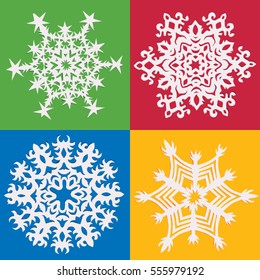 Set of isolated hand-drawn paper cut silhouettes of snowflakes with little irregularities and shadows for cards, stamps, greetings, icons, backgrounds