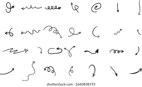 Um conjunto de setas vetoriais isoladas desenhadas à mão em um fundo branco, perfeito para vários projetos de design