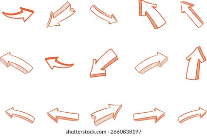 Um conjunto de setas vetoriais isoladas desenhadas à mão em um fundo branco, perfeito para vários projetos de design