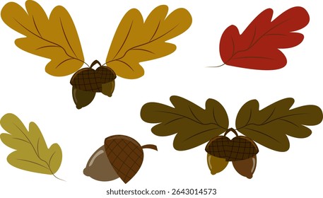 Conjunto de ilustrações isoladas de folhas de carvalho e bolotas em estilo natural. Cores de outono quentes, ótimas para projetos de outono, estampas sazonais, temas florestais ou projetos de decoração botânica.