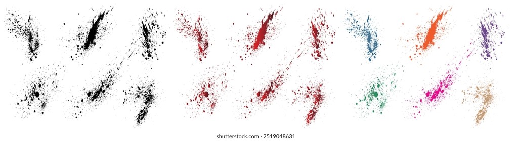 Conjunto de aislado pintado a mano rojo, naranja, verde, púrpura, trigo, color negro pincel golpe de horror sangre salpicadura de fondo