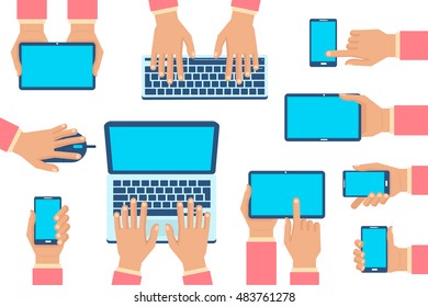 Set of isolated hands with gadgets - smartphone, tablet, laptop, keyboard, mouse. Infographic elements collection. Vector illustration.