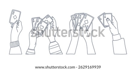 Set of isolated hands holding playing cards in different positions. Doodle line vector illustration. Poker, gambling, casino or board game concept for print, web, and mobile design.