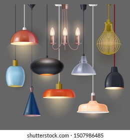 Set Of Isolated Hanging Chandelier Or Home Lamp, Studio Lights, Fluorescent Bulb. House Or Home Interior, Lampshade Hang. Electric Glowing Lightbulb. Modern And Retro Lamp. Shine Decor. Interior Theme