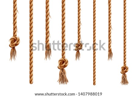 Set of isolated hanging ropes with tassels. 3d hemp string with brush and frayed knot. Realistic knotted nautical thread. Tied ring or bell whipcord. Nautical or marine vertical fiber. Straight cable