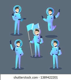 Set of isolated happy astronauts in spacesuits and helmets jumping, standing, holding flag, showing space and gesture. Cartoon style vector illustration.