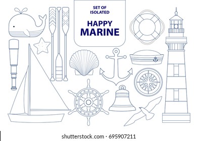 Set of isolated happy marines in dark blue outline and white plane style. Vector illustration.
