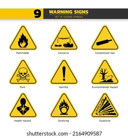set of isolated  hazardous symbols on yellow round triangle board warning sign for pictograms, icon, label, logo or package industry etc. paperwork flat style vector design.