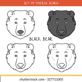 Set of isolated heads of bear in color, lines. Elements for labels and advertising production. Print for the press