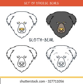 Set isolated heads of bear in color, lines. 