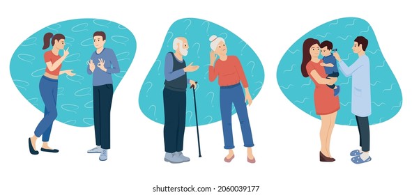 Set of isolated hearing hygiene deaf problems flat compositions with doctor young and senior people talking vector illustration