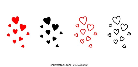 Set of isolated heart clouds on a white background. Black and red hearts for stickers, decor elements for valentine's day, on the theme of love. Vector illustration.