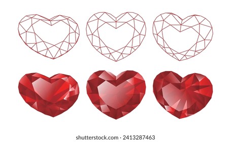 Set of isolated heart shaped gemstone illustrations
