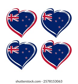 Set of isolated hearts with flag of New Zealand background elements and clipping mask. Creative heart shape. Branding identity concept, graphic element for tourism business, sports or politics.