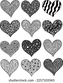 Set of isolated hearts on a white background in doodle style. Sketch by hand. Abstract heart vector. Elements for the design of postcards and congratulations in honor of February 14th. St. Valentine's